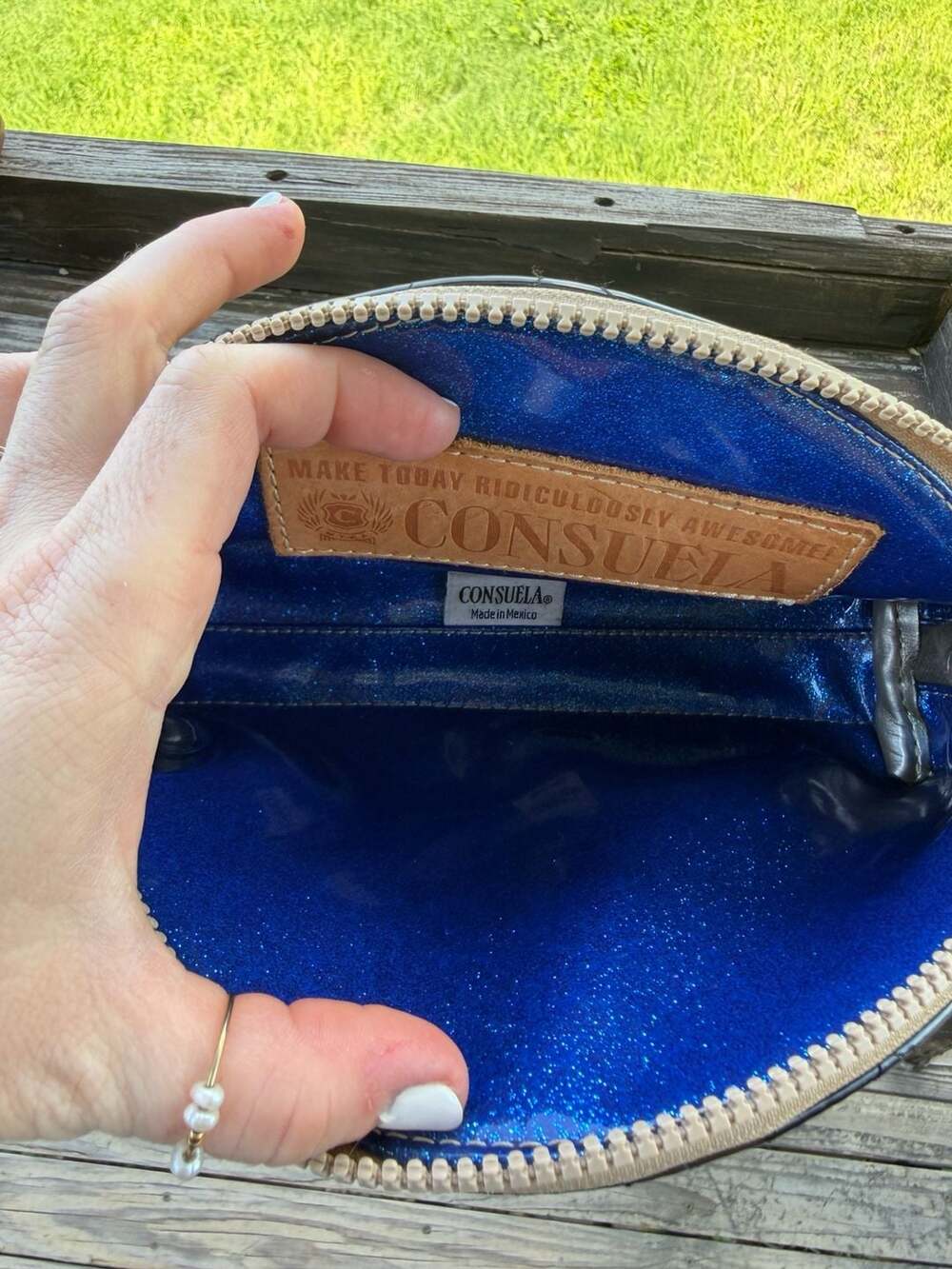 Consuela Black Quilted Patent Large Cosmetic Bag with Blue Glitter Interior - Picture 6 of 7